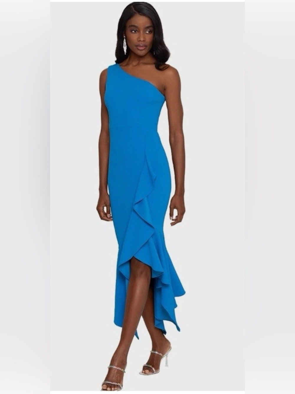 Xscape One-Shoulder Ruffle Midi
Dress in Bright Blue